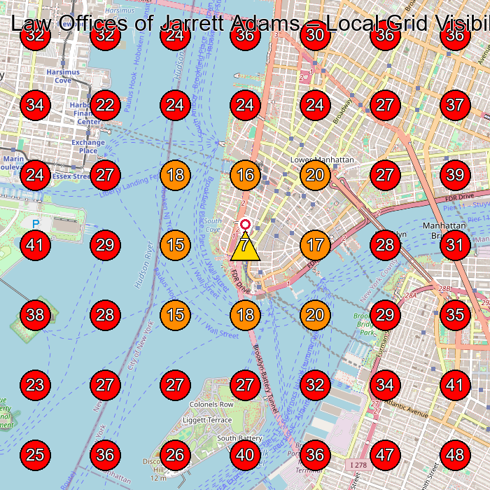 Law Offices of Jarrett Adams GeoGrid visibility map for Legal Services in New York